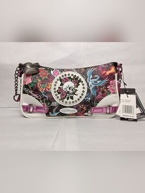 Ed Hardy Floral Skull Shoulder Bag in Black & Pink